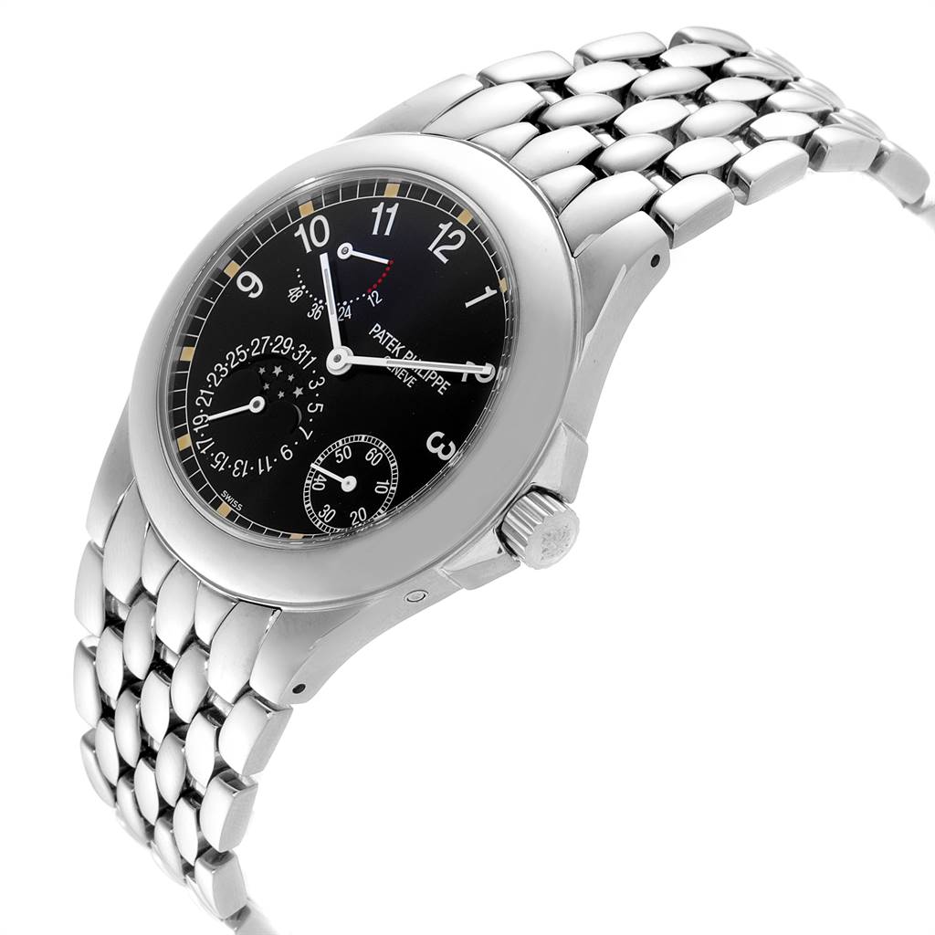 The image shows a side-angle view of a Patek Philippe Neptune 5085A/1A-001 Men's Stainless Steel Black Dial 5085A/1A-001 Men's Stainless Steel Black Dial model watch featuring a black dial and a silver metal bracelet.