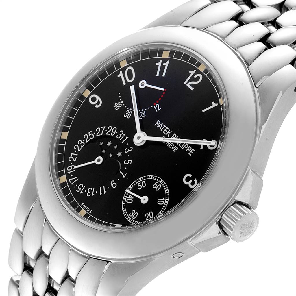 The image shows a close-up of the Patek Philippe Neptune 5085A/1A-001 Men's Stainless Steel Black Dial 5085A/1A-001 Men's Stainless Steel Black Dial model, highlighting its black dial, multiple subdials, and stainless steel bracelet.