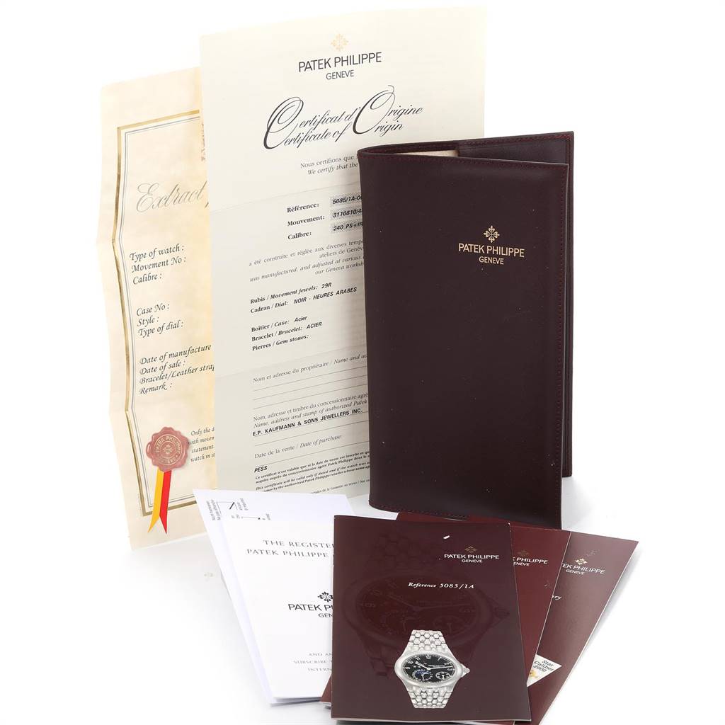 The image shows documents and booklets related to the Neptune model by Patek Philippe, including a certificate and a leather folder.