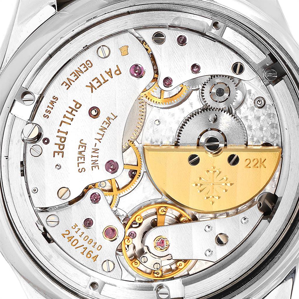 The image shows the inner mechanism of the Patek Philippe Neptune 5085A/1A-001 Men's Stainless Steel Black Dial 5085A/1A-001 Men's Stainless Steel Black Dial watch, focusing on the movement components.