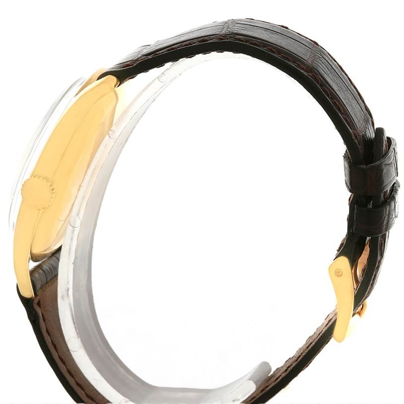 The watch is displayed from a side angle, showing the case, crown, strap, and clasp of the Patek Philippe Vintage model.