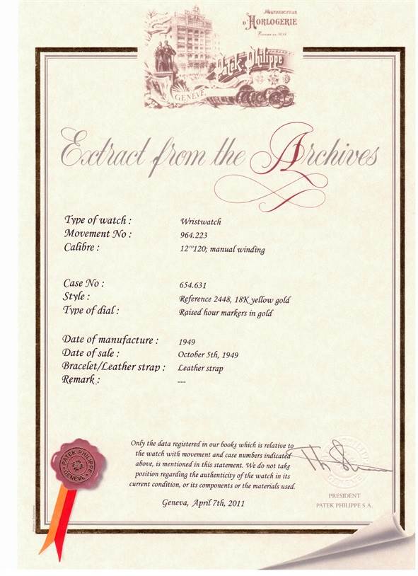The image shows an official document for a vintage Patek Philippe wristwatch with details about its manufacture and sale.