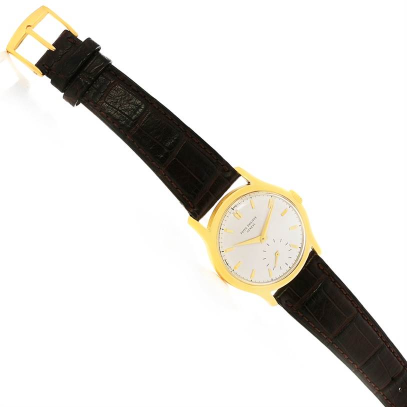 The image shows a Patek Philippe Vintage model watch from a top-down angle, featuring a brown leather strap and gold casing.