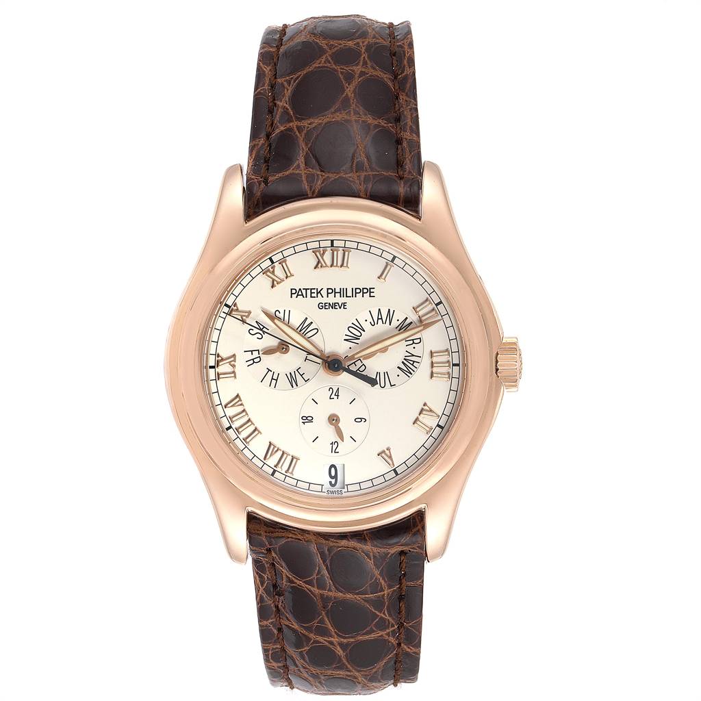 This image shows a front view of the Patek Philippe 5035R Men
s Rose Gold Silver Dial 5035R Men
s Rose Gold Silver Dial Complicated Annual Calendar Rose Gold Men
s Watch 5035 model with a brown leather strap.