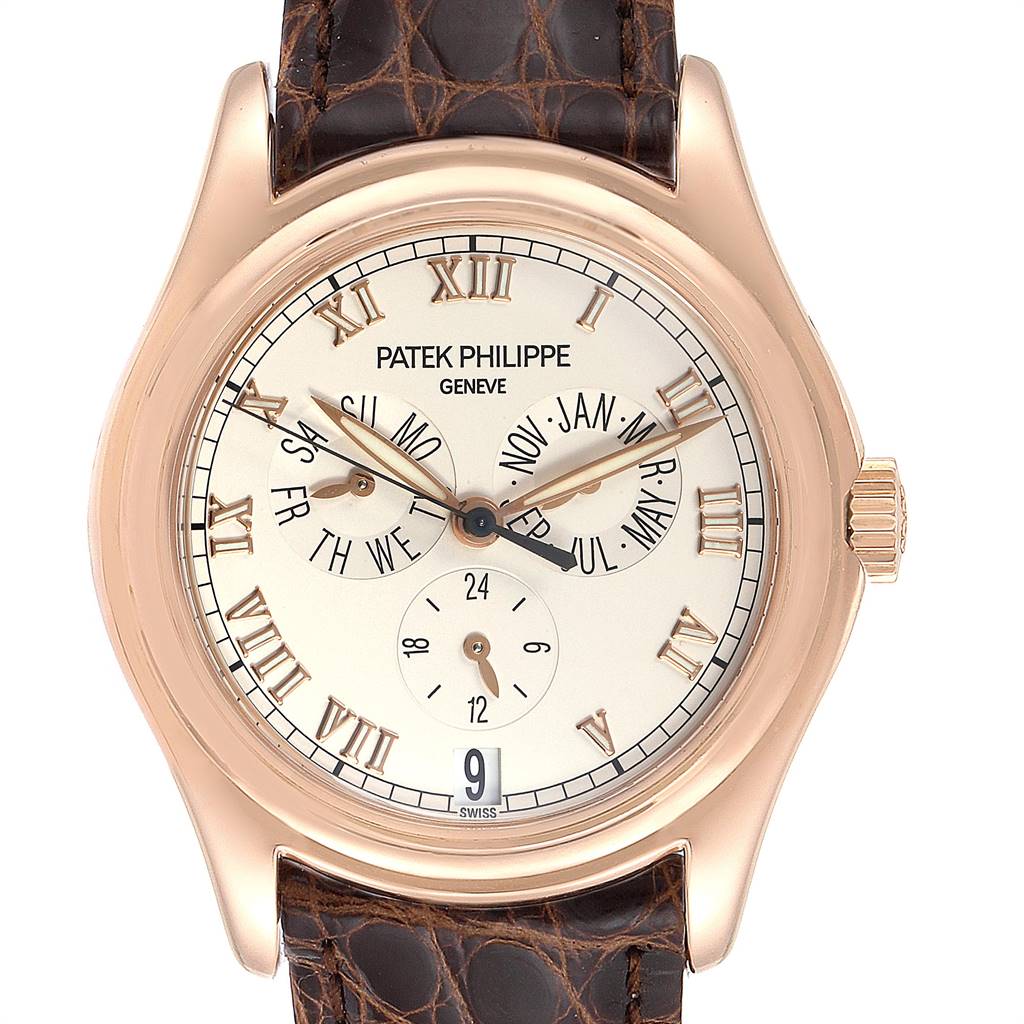 This image shows a front view of the Patek Philippe 5035R Men
s Rose Gold Silver Dial 5035R Men
s Rose Gold Silver Dial Complicated Annual Calendar Rose Gold Mens Watch 5035 model, highlighting its dial and features.