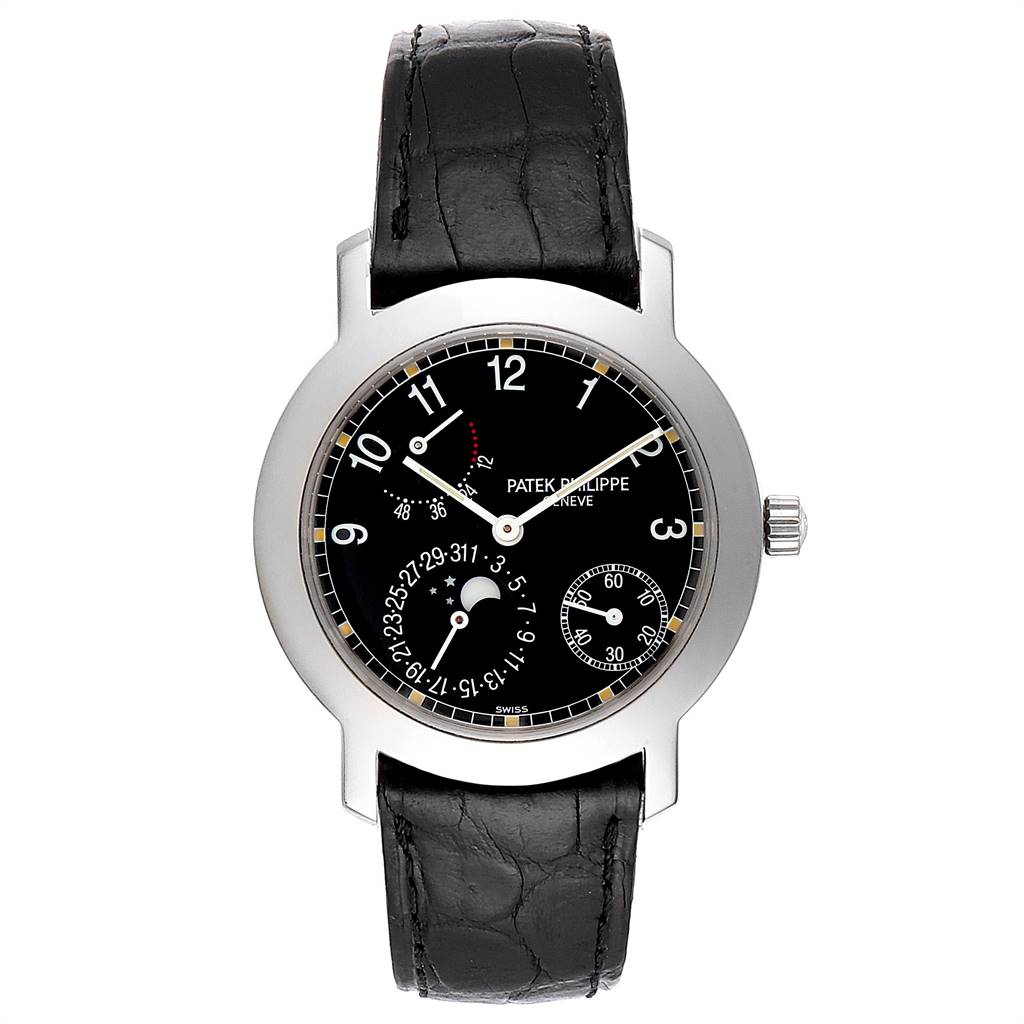 The image shows the Patek Philippe 5055G Men's White Gold Black Dial 5055G Men's White Gold Black Dial Moonphase Power Reserve White Gold Automatic Watch 5055 model from a top-down view.