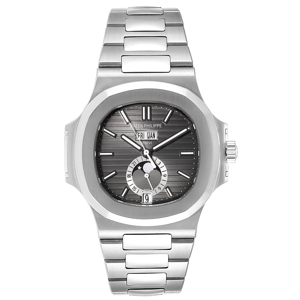 The image shows a front view of a Patek Philippe Nautilus 5726/1A-001 Men's Stainless Steel Black Dial 5726/1A-001 Men's Stainless Steel Black Dial watch, highlighting the dial, bezel, and bracelet.