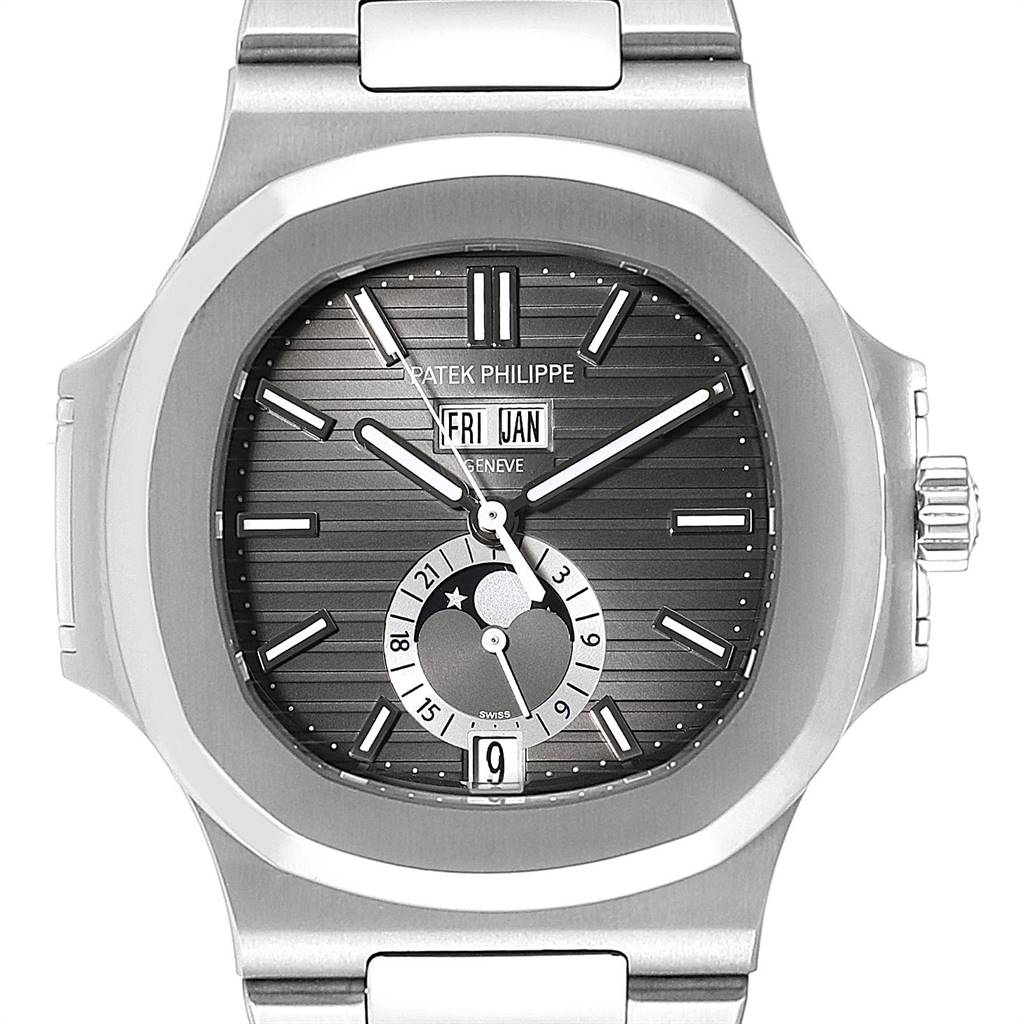 The image shows a front view of a Patek Philippe Nautilus 5726/1A-001 Men's Stainless Steel Black Dial 5726/1A-001 Men's Stainless Steel Black Dial watch, highlighting its face, bezel, and part of the bracelet.