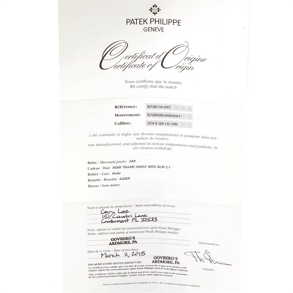 The image shows a Certificate of Origin for a Patek Philippe Nautilus 5726/1A-001 Men's Stainless Steel Black Dial 5726/1A-001 Men's Stainless Steel Black Dial model watch, displaying the reference, movement, and caliber details.