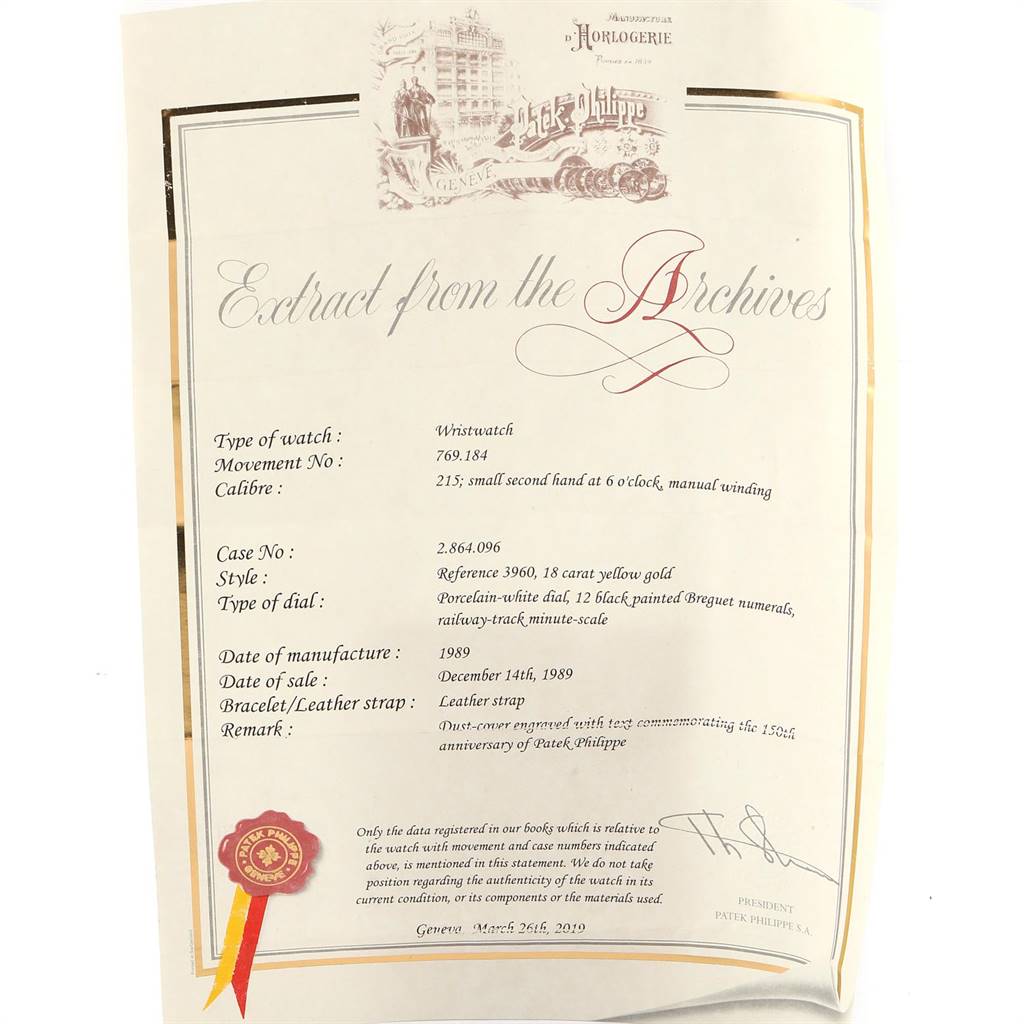 This is an "Extract from the Archives" document for a Patek Philippe Calatrava 3960 Men's Yellow Gold White Dial 3960 Men's Yellow Gold White Dial watch, showing detailed specifications and history.