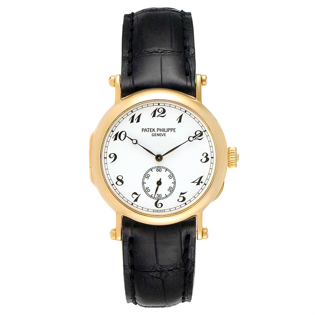 The image shows a front view of the Patek Philippe Calatrava 3960 Men's Yellow Gold White Dial 3960 Men's Yellow Gold White Dial watch, including the dial, case, and leather strap.