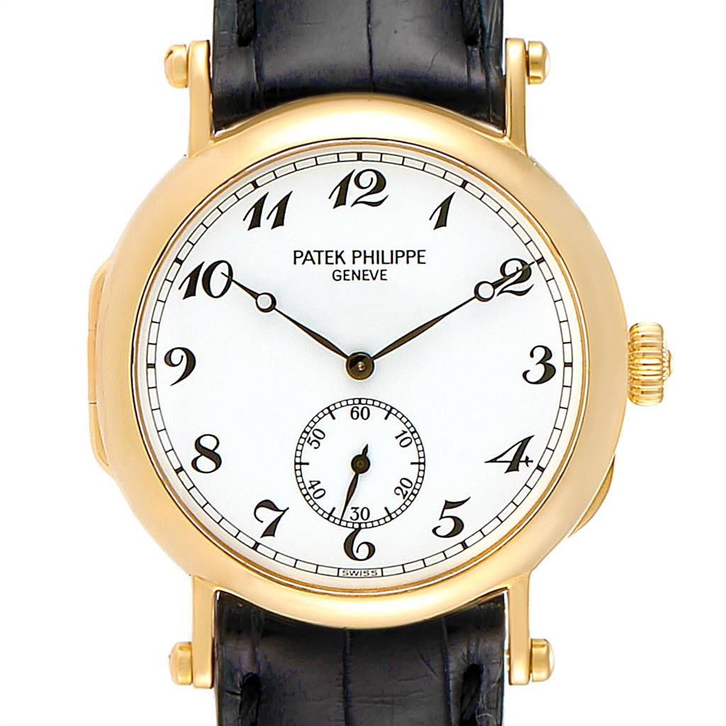 This image shows a head-on view of the Patek Philippe Calatrava 3960 Men's Yellow Gold White Dial 3960 Men's Yellow Gold White Dial watch, highlighting the dial, hands, case, crown, and leather strap.