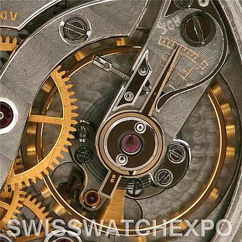 The image shows a close-up of the internal mechanism of a Vintage Patek Philippe watch, highlighting gears and the balance wheel.