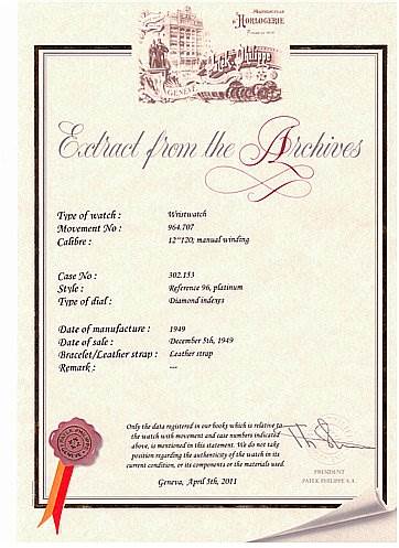 The image shows a Patek Philippe Extract from the Archives document for a vintage wristwatch model.