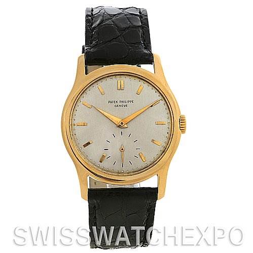This is a front view of a Vintage Patek Philippe watch with a gold case, white dial, and black leather strap.