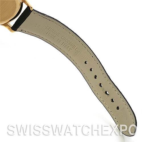 The image shows the backside of the leather strap of a Vintage model by Patek Philippe, along with part of the watch case.