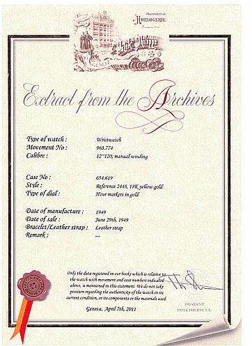 The image shows a document titled "Extract from the Archives" for a vintage Patek Philippe watch, detailing its specifications and history.