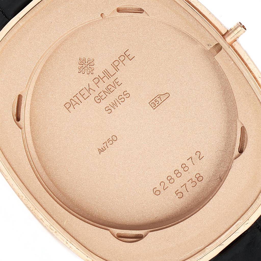 The image shows the back of the Patek Philippe Golden Ellipse 5738R Men's Rose Gold Black Dial 5738R Men's Rose Gold Black Dial watch, displaying the case back and engraved details.