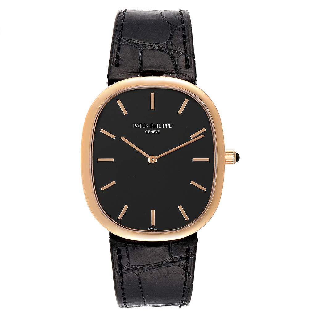 The image shows a front view of the Patek Philippe Golden Ellipse 5738R Men's Rose Gold Black Dial 5738R Men's Rose Gold Black Dial watch with a black dial and leather strap.