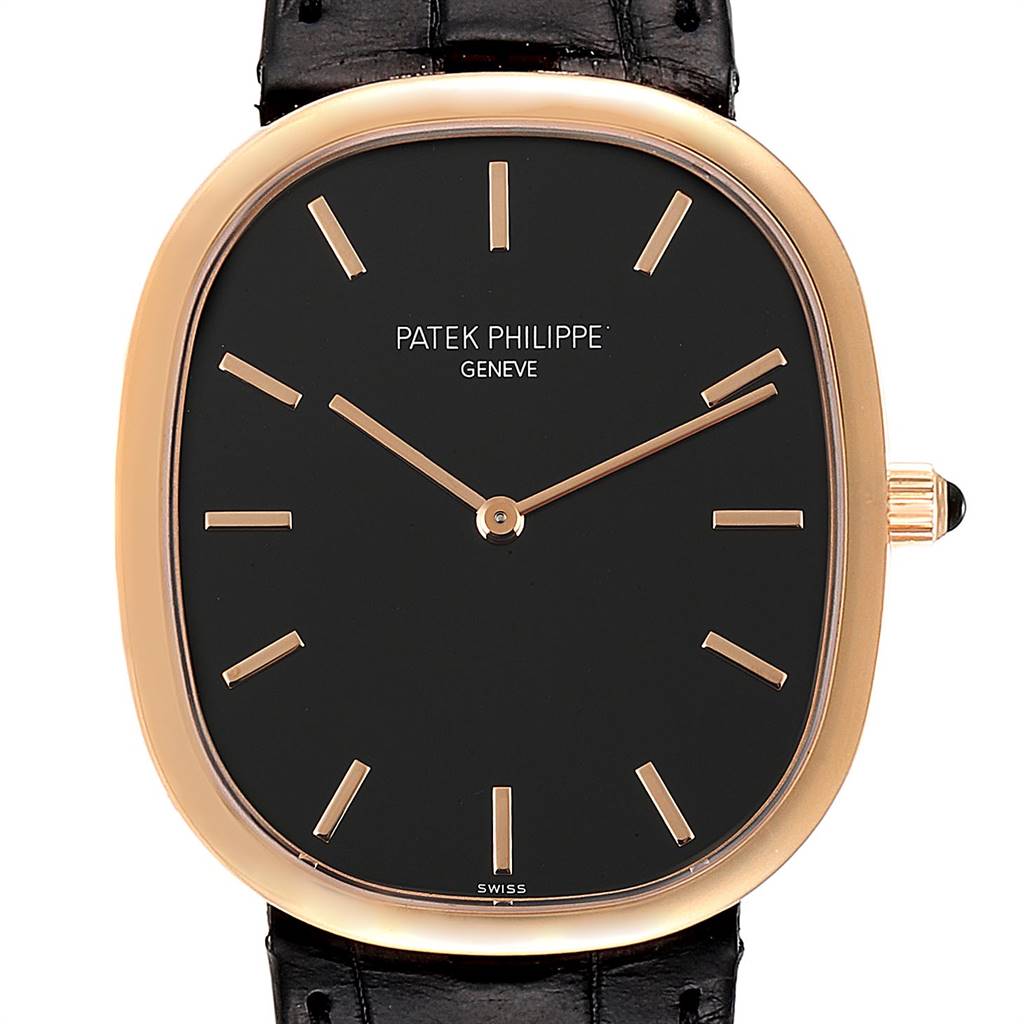 This is a front view of the Patek Philippe Golden Ellipse 5738R Men's Rose Gold Black Dial 5738R Men's Rose Gold Black Dial watch, showing its dial, hands, case, crown, and strap.