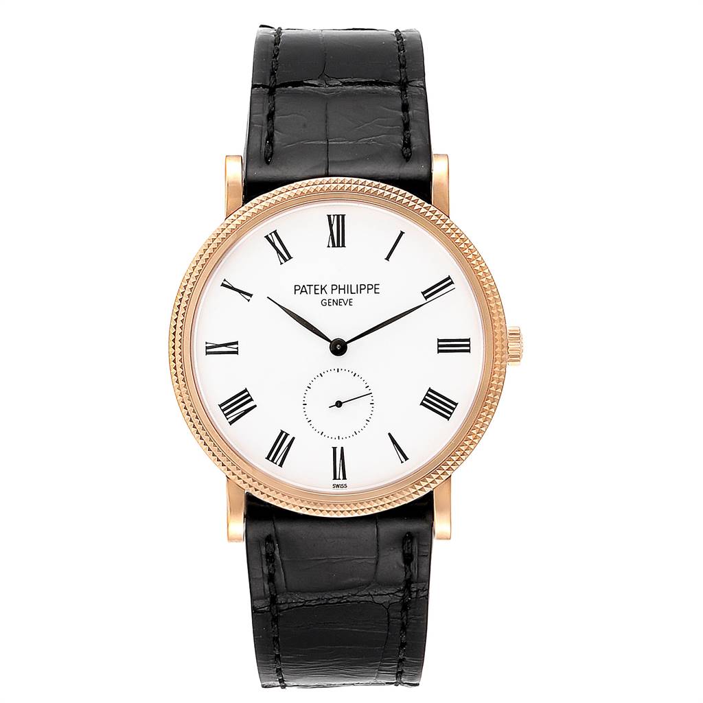 This image shows a front view of the Patek Philippe Calatrava 5119R Men's Rose Gold White Dial 5119R Men's Rose Gold White Dial watch, featuring its dial, bezel, and black leather strap.