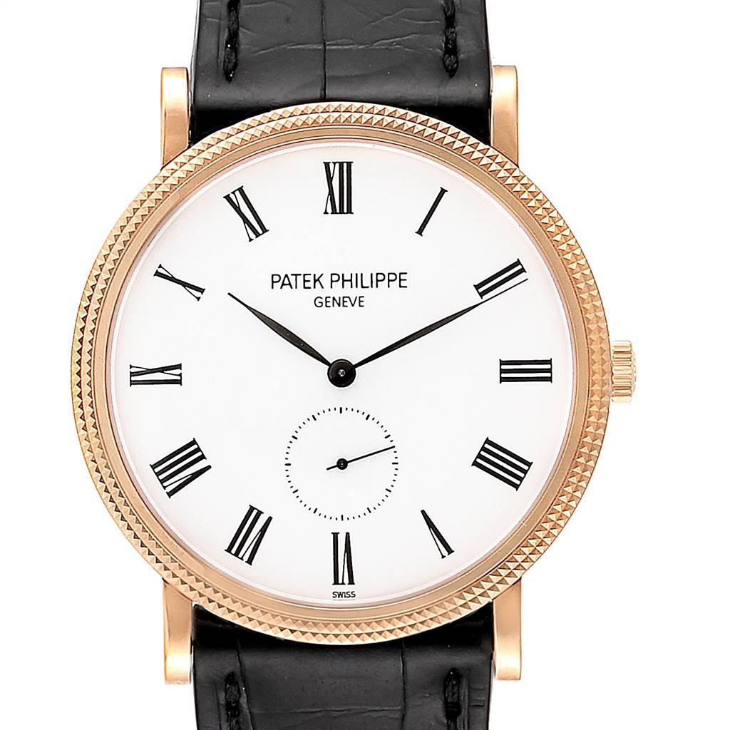 This image shows a front view of a Patek Philippe Calatrava 5119R Men's Rose Gold White Dial 5119R Men's Rose Gold White Dial watch, highlighting its face, Roman numeral markers, and leather strap.