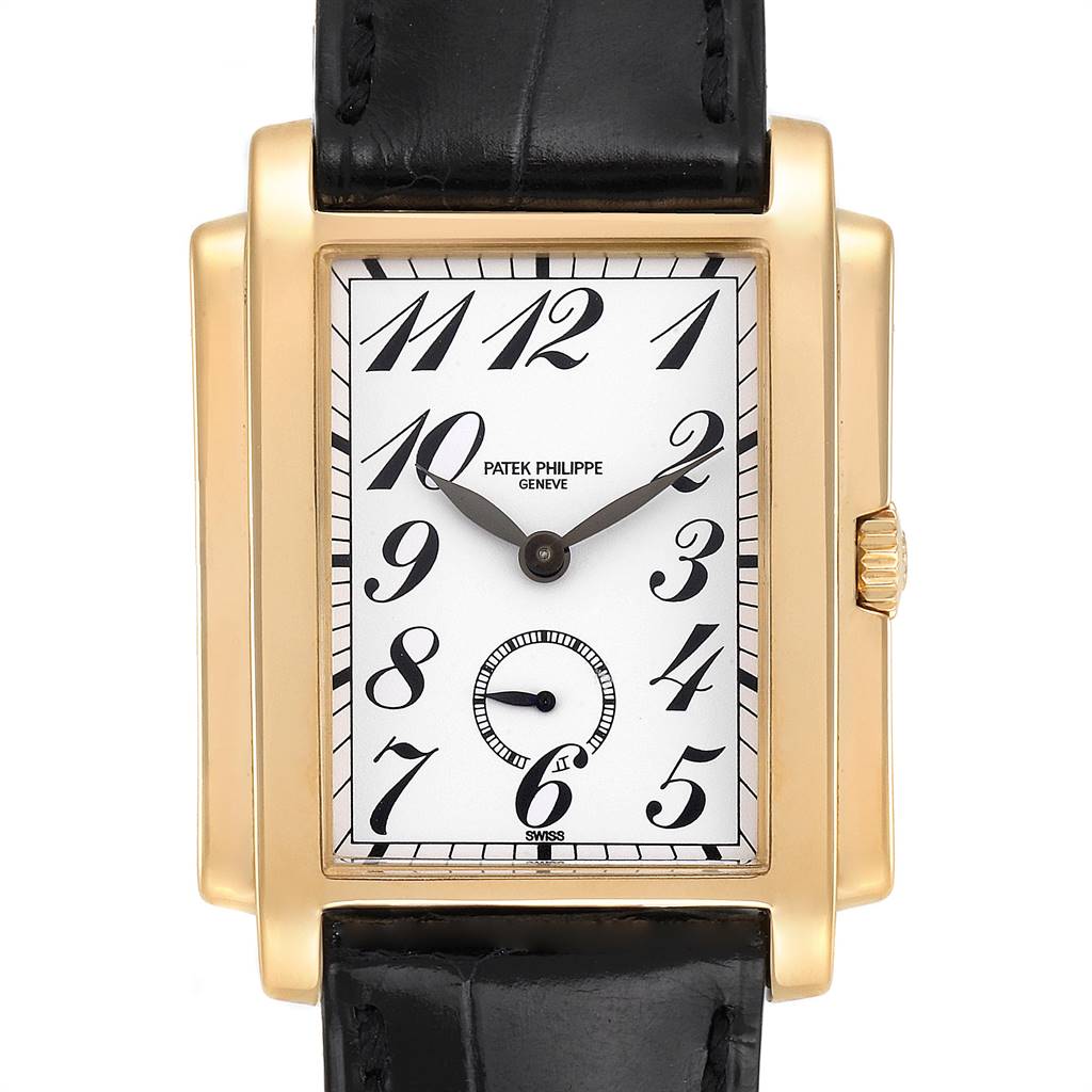 The image shows a front view of a Patek Philippe Gondolo 5024J Men's Yellow Gold White Dial 5024J Men's Yellow Gold White Dial watch, highlighting its rectangular face, gold case, and black leather strap.