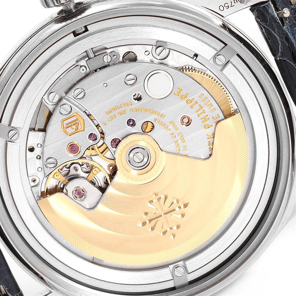 This image shows the back of a Patek Philippe Calatrava 5296G Men
s White Gold Silver Dial 5296G Men
s White Gold Silver Dial watch, highlighting its intricate mechanical movement.