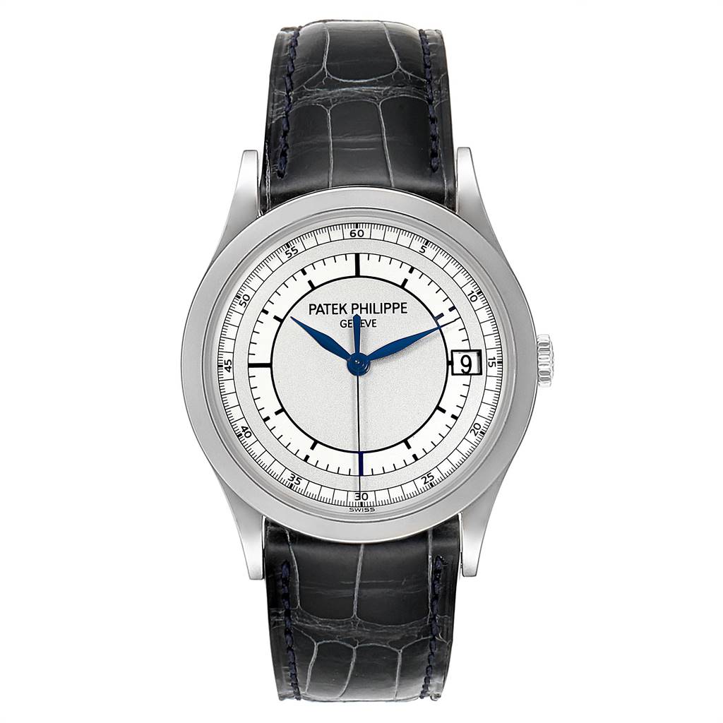 This image shows a front view of a Patek Philippe Calatrava 5296G Men
s White Gold Silver Dial 5296G Men
s White Gold Silver Dial watch with its dial, case, and leather strap clearly visible.