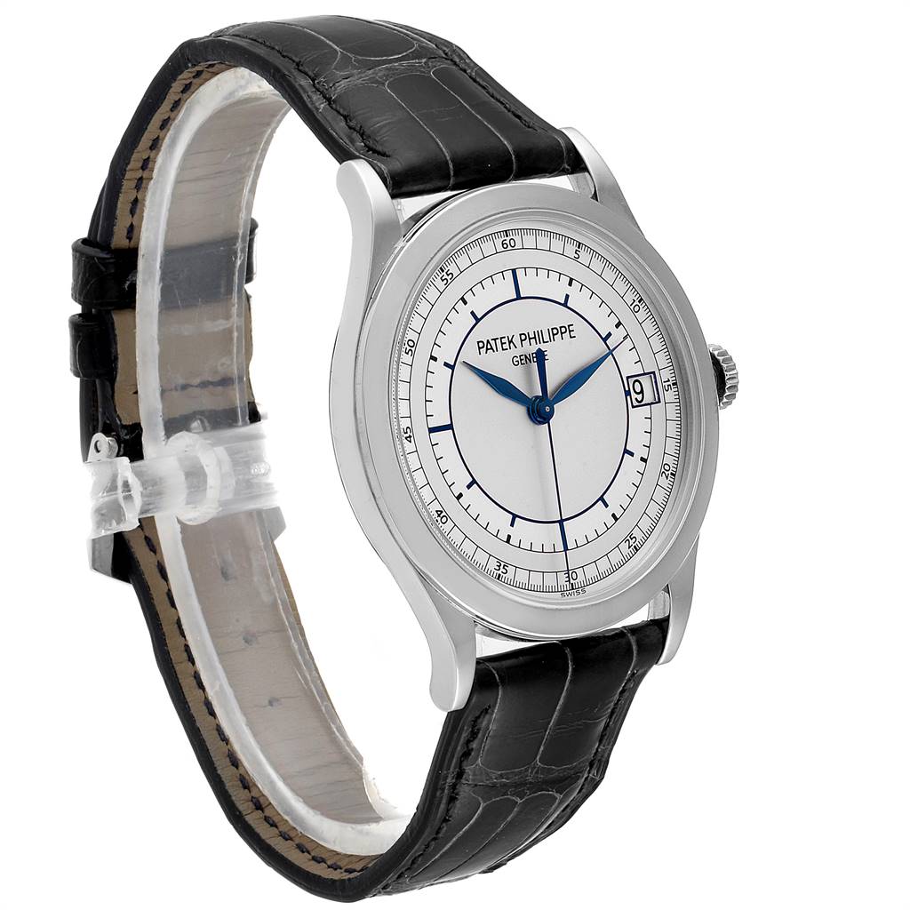 The image shows a side angle of a Patek Philippe Calatrava 5296G Men
s White Gold Silver Dial 5296G Men
s White Gold Silver Dial watch featuring the face, case, and black leather strap.