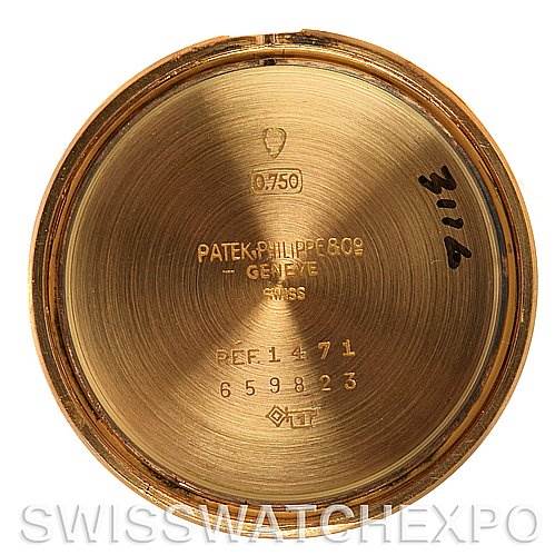 This image shows the inner case back of a vintage Patek Philippe watch, model Ref. 1471, with engraving details.