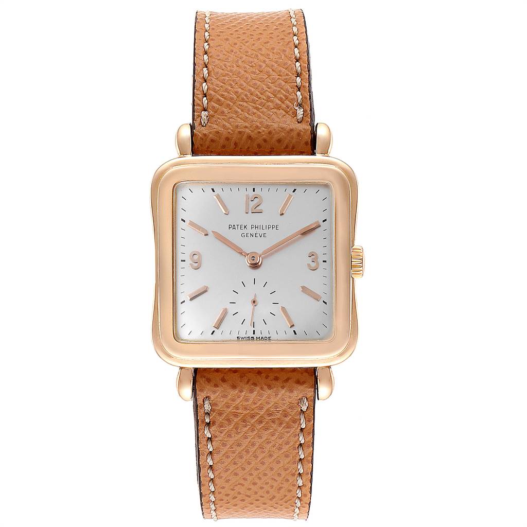 The image shows a front view of a Vintage Patek Philippe watch featuring a square face and brown leather strap.