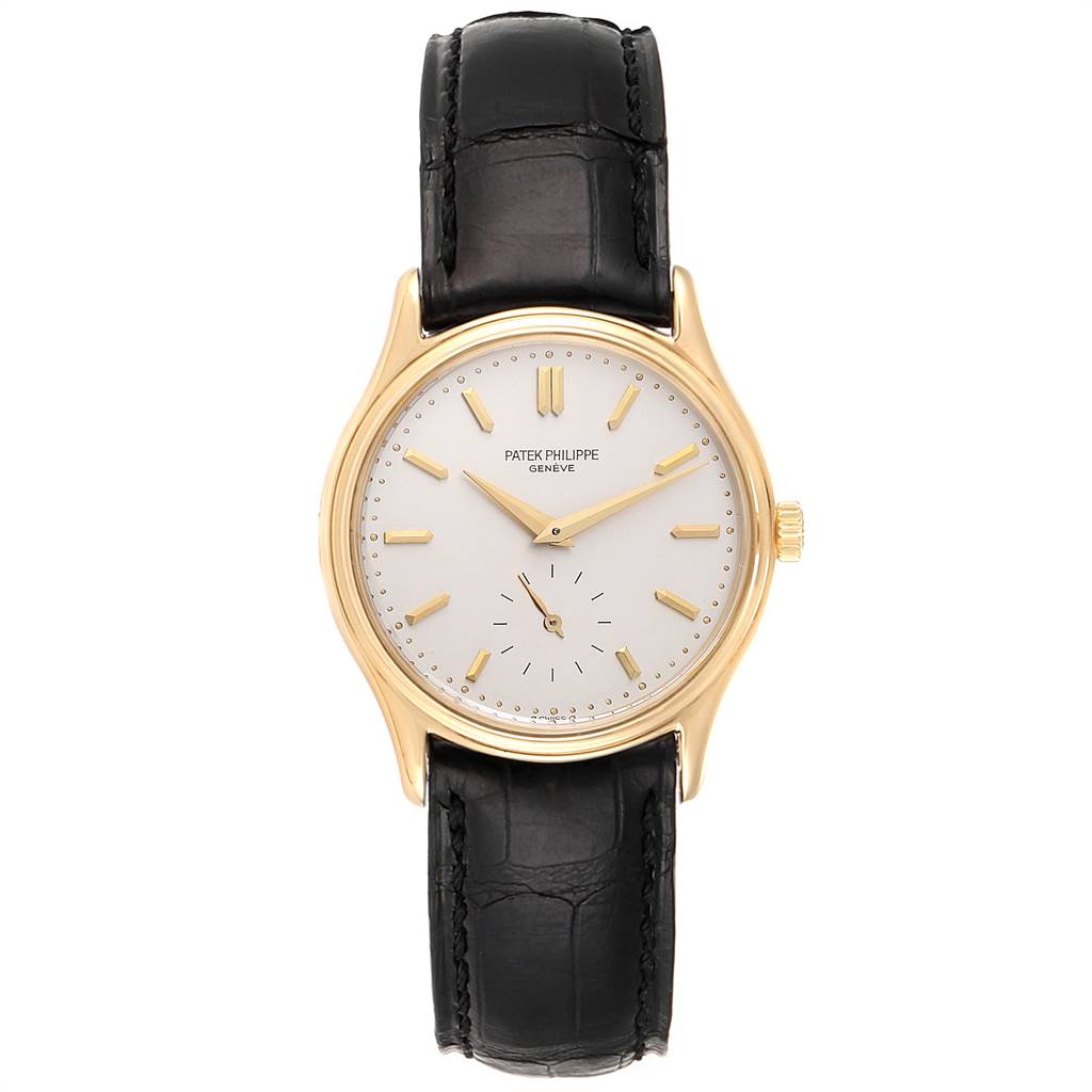 This image shows a front view of a Patek Philippe Calatrava 3923 Men
s Yellow Gold Silver Dial 3923 Men
s Yellow Gold Silver Dial watch, highlighting its face, gold casing, and black leather strap.
