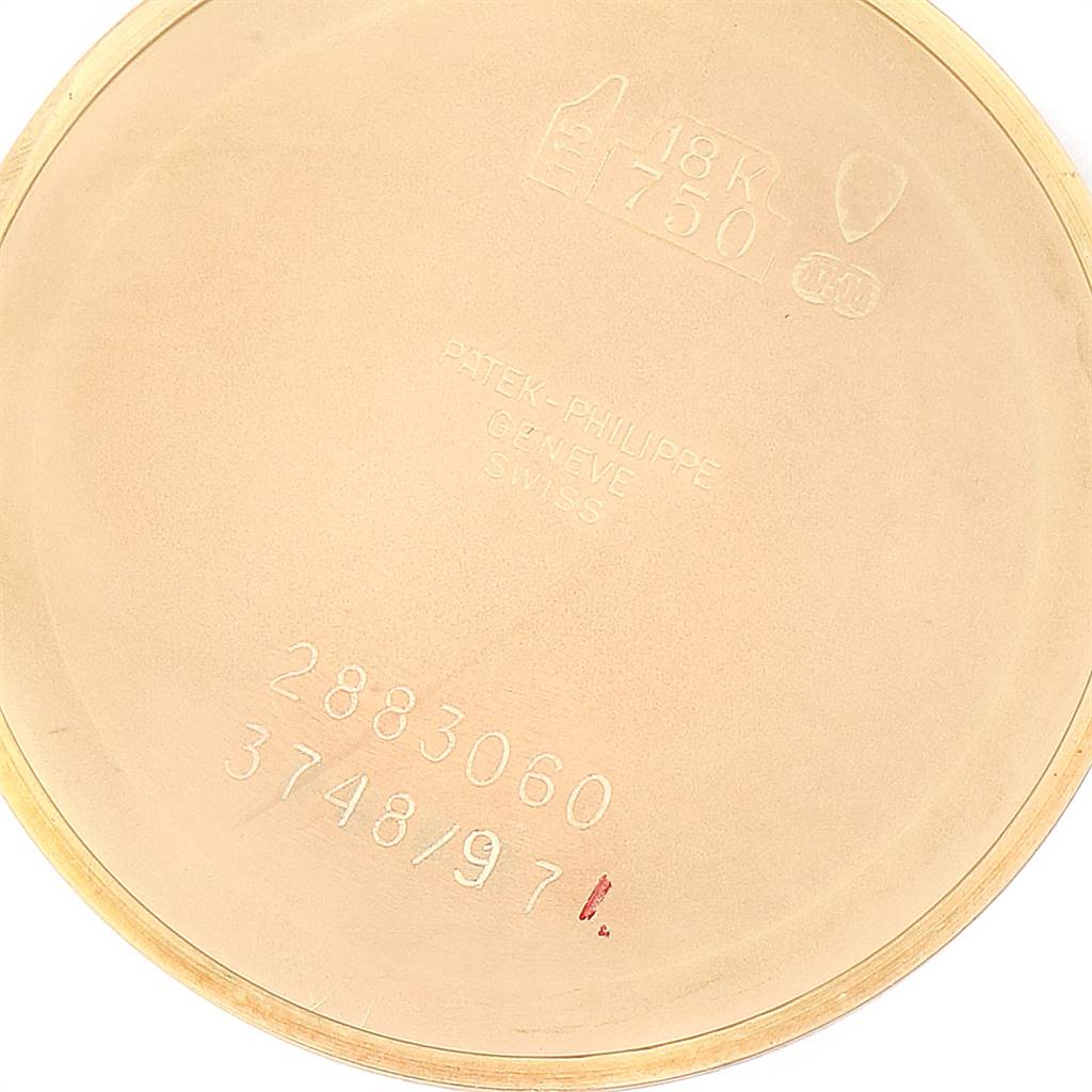 The image shows the inside back case of the Patek Philippe 3748 Yellow Gold Blue Dial 3748 Yellow Gold Blue Dial Golden Ellipse Blue Dial Yellow Gold Diamond Watch 3748 model.