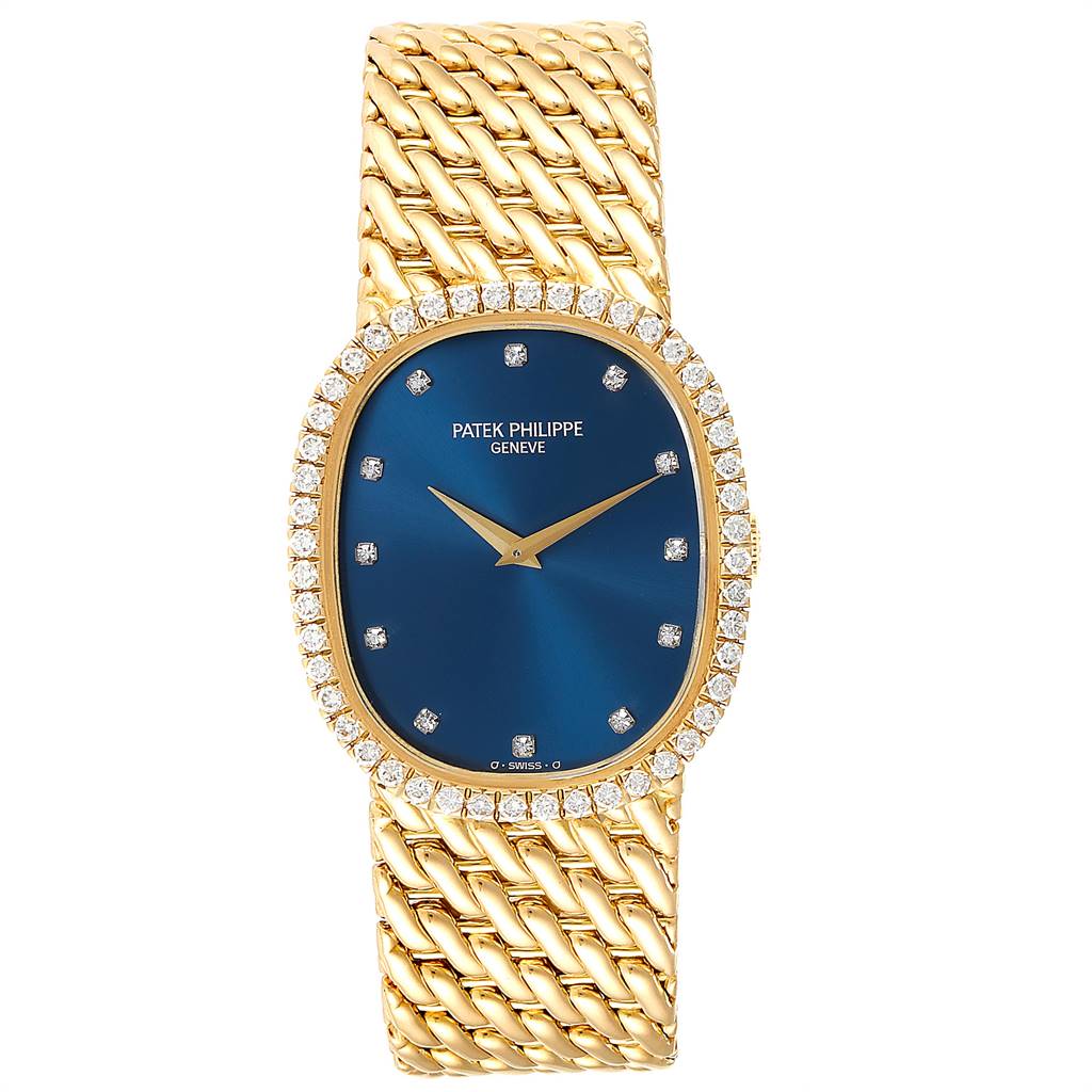 The image shows the front view of the Patek Philippe 3748 Yellow Gold Blue Dial 3748 Yellow Gold Blue Dial Golden Ellipse Blue Dial Yellow Gold Diamond Watch 3748 model.
