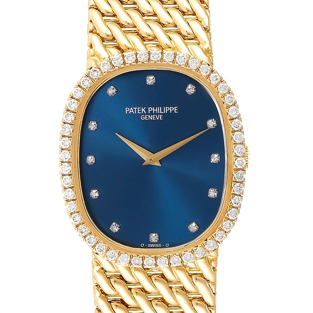 The image shows a front view of the Golden Ellipse Blue Dial Yellow Gold Diamond Watch 3748 by Patek Philippe 3748 Yellow Gold Blue Dial 3748 Yellow Gold Blue Dial.