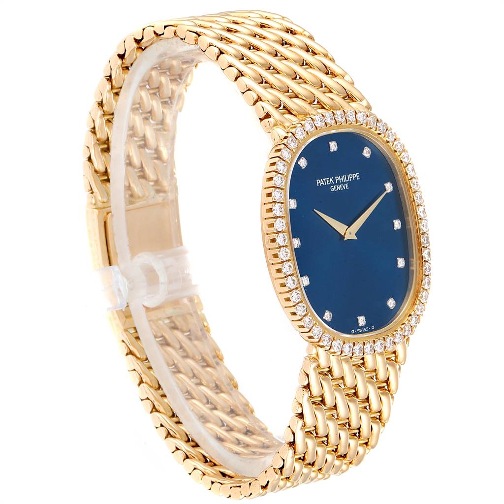 The Patek Philippe 3748 Yellow Gold Blue Dial 3748 Yellow Gold Blue Dial Golden Ellipse Blue Dial Yellow Gold Diamond Watch 3748 is shown at a slight angle, highlighting its band and face.