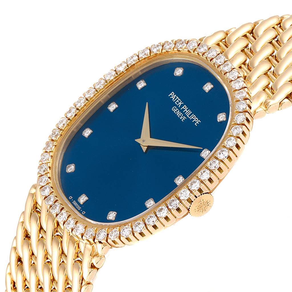 The image shows a close-up angle of the Patek Philippe 3748 Yellow Gold Blue Dial 3748 Yellow Gold Blue Dial Golden Ellipse Blue Dial Yellow Gold Diamond Watch 3748 model, highlighting the face and bracelet.