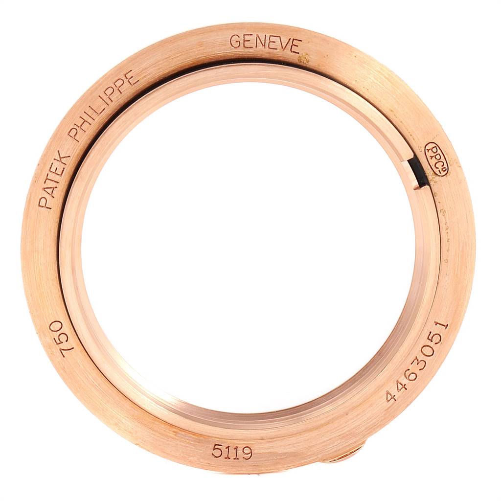 This image shows the bezel case of a Patek Philippe Calatrava 5119R Men's Rose Gold White Dial 5119R Men's Rose Gold White Dial model, viewed from a top-down angle.