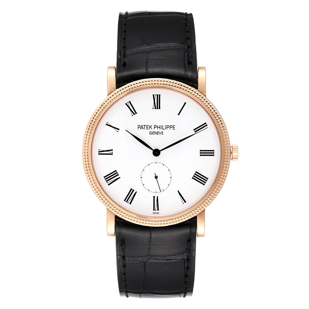 The image shows a front view of the Patek Philippe Calatrava 5119R Men's Rose Gold White Dial 5119R Men's Rose Gold White Dial watch, featuring its dial, bezel, crown, and leather strap.