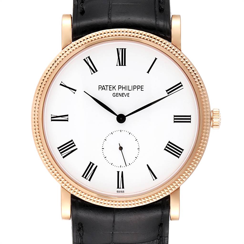 This image shows a front view of the Patek Philippe Calatrava 5119R Men's Rose Gold White Dial 5119R Men's Rose Gold White Dial watch, highlighting its face, bezel, and black strap.