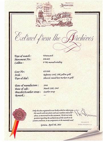 The image shows an Extract from the Archives certificate for a vintage Patek Philippe watch, detailing its model, movement, case, and strap.