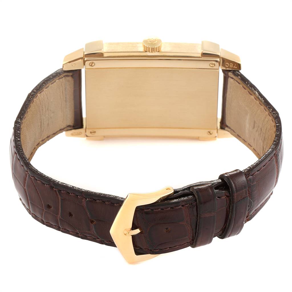 The image shows the back view of a Patek Philippe Gondolo 51111J Men's Yellow Gold Silver Dial 51111J Men's Yellow Gold Silver Dial watch, highlighting the strap and clasp.