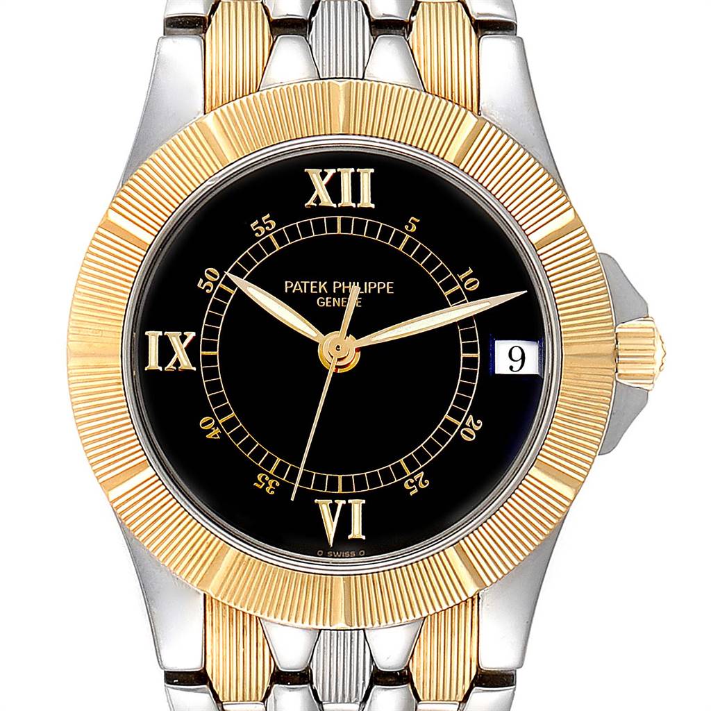 The image shows a front view of the Patek Philippe Neptune 5080/IJA Men's Steel and Gold (two tone) Black Dial 5080/IJA Men's Steel and Gold (two tone) Black Dial model watch, highlighting its gold bezel, black dial, and stainless steel bracelet.