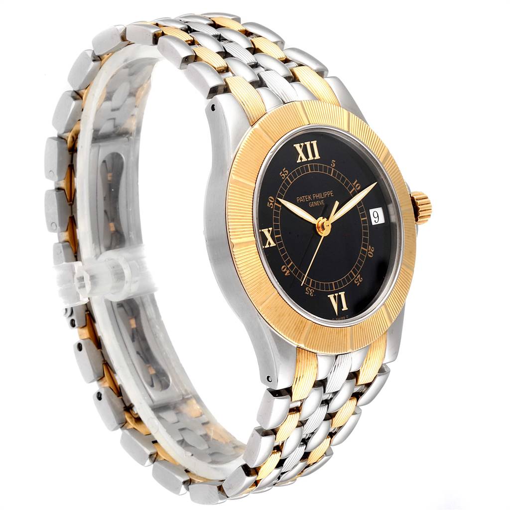 The image shows a side view of a Patek Philippe Neptune 5080/IJA Men's Steel and Gold (two tone) Black Dial 5080/IJA Men's Steel and Gold (two tone) Black Dial watch, highlighting its two-tone bracelet and black dial.