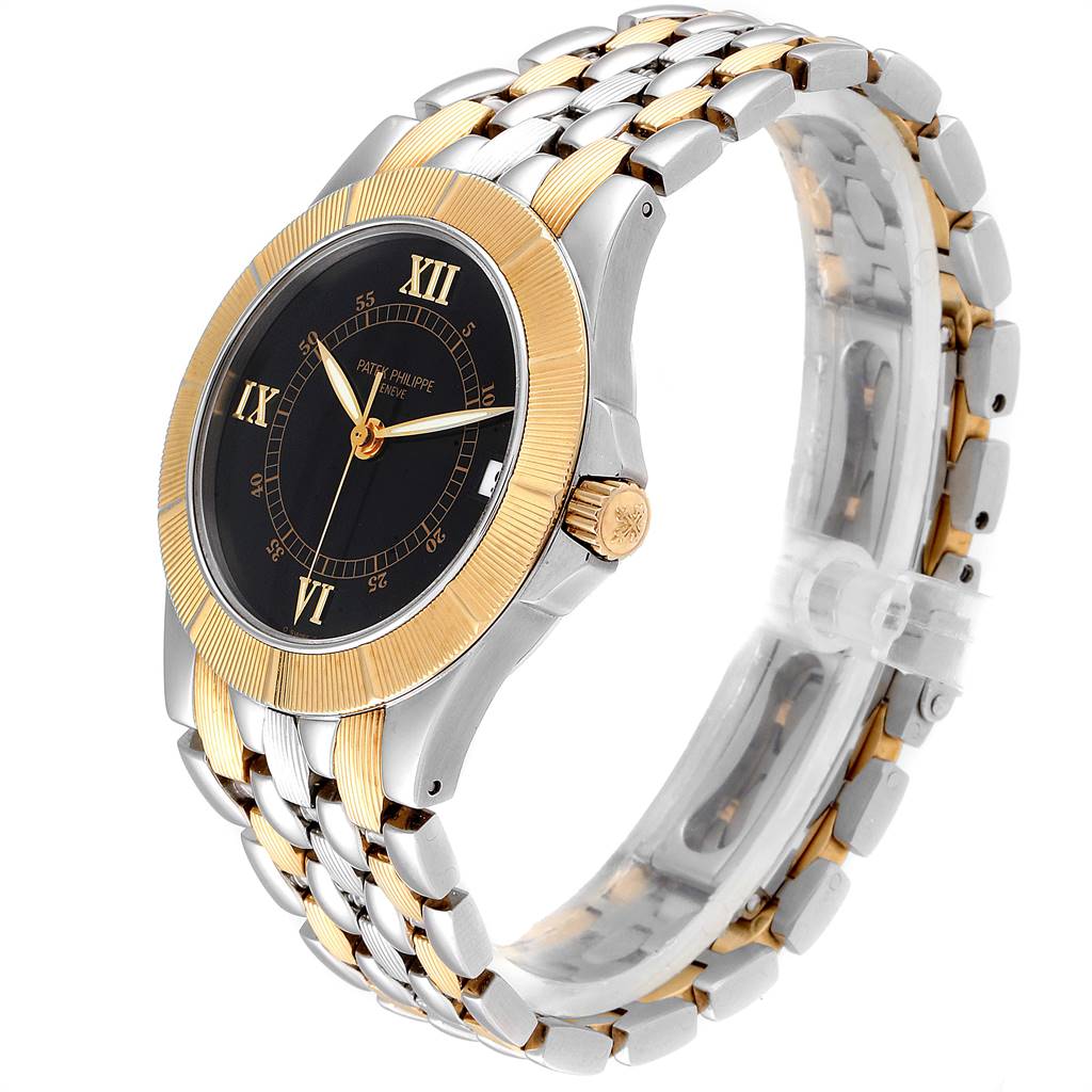 The image shows a side view of the Patek Philippe Neptune 5080/IJA Men's Steel and Gold (two tone) Black Dial 5080/IJA Men's Steel and Gold (two tone) Black Dial model watch, highlighting its bezel, dial, and two-tone bracelet.