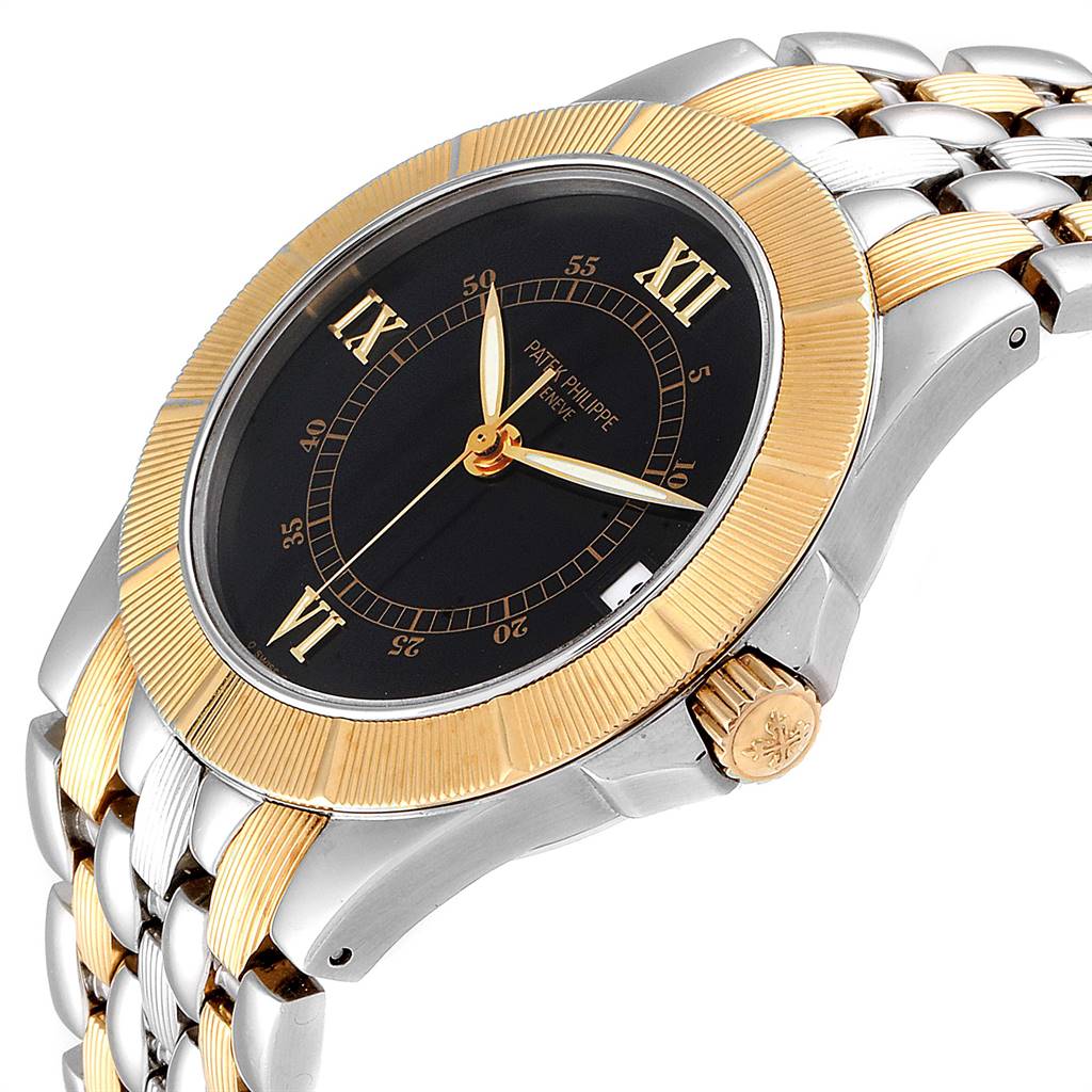 The Patek Philippe Neptune 5080/IJA Men's Steel and Gold (two tone) Black Dial 5080/IJA Men's Steel and Gold (two tone) Black Dial watch is shown at an angle highlighting the bezel, dial, crown, and part of the bracelet.