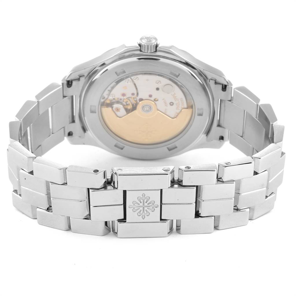 This image shows the back view of the Patek Philippe Aquanaut 5065/1A-010 Men's Stainless Steel Black Dial 5065/1A-010 Men's Stainless Steel Black Dial watch, highlighting its case back and metal bracelet.