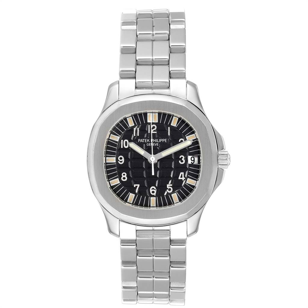 The image shows a front view of a Patek Philippe Aquanaut 5065/1A-010 Men's Stainless Steel Black Dial 5065/1A-010 Men's Stainless Steel Black Dial watch, displaying the face, case, and bracelet.