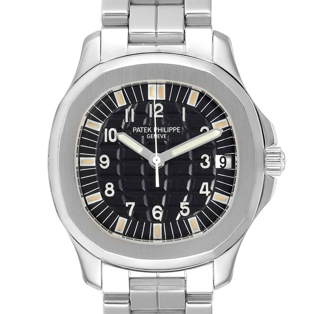 This image shows a front view of the Patek Philippe Aquanaut 5065/1A-010 Men's Stainless Steel Black Dial 5065/1A-010 Men's Stainless Steel Black Dial watch, highlighting its face, bezel, and part of the bracelet.